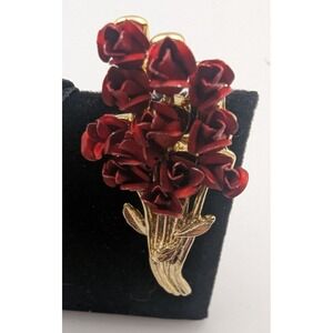 VINTAGE DMC Gold Tone Red Flower Bouquet Brooch Floral Statement Pin 2 inches